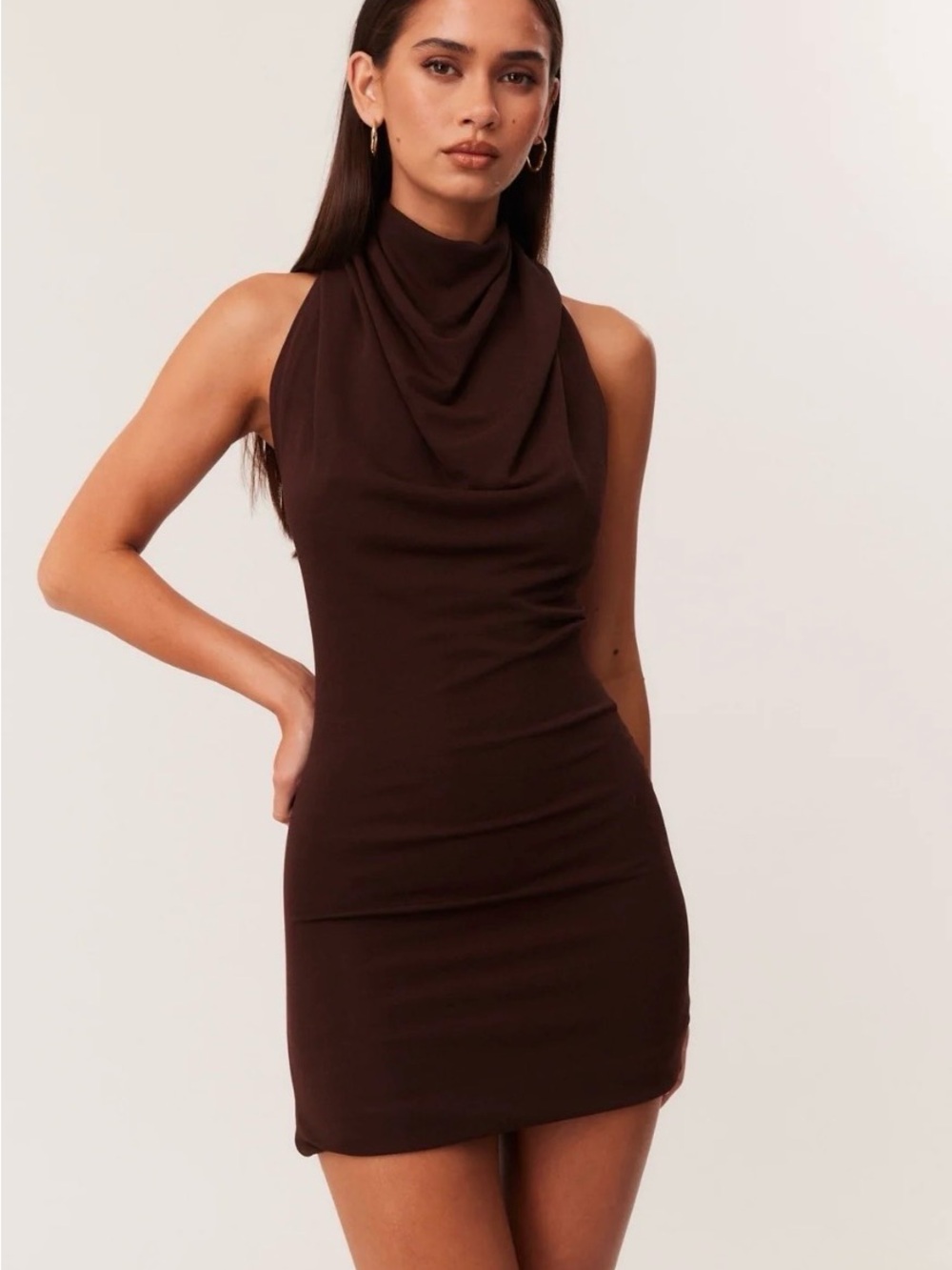Draped Neck Mini Dress in Dark Brown